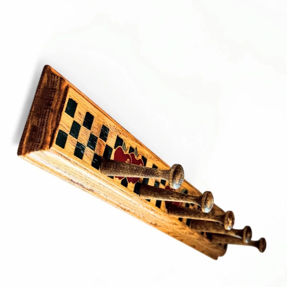 Vintage Wooden Wall Coat Rack Hand Painted Apple Checker Farmhouse Cottagecore